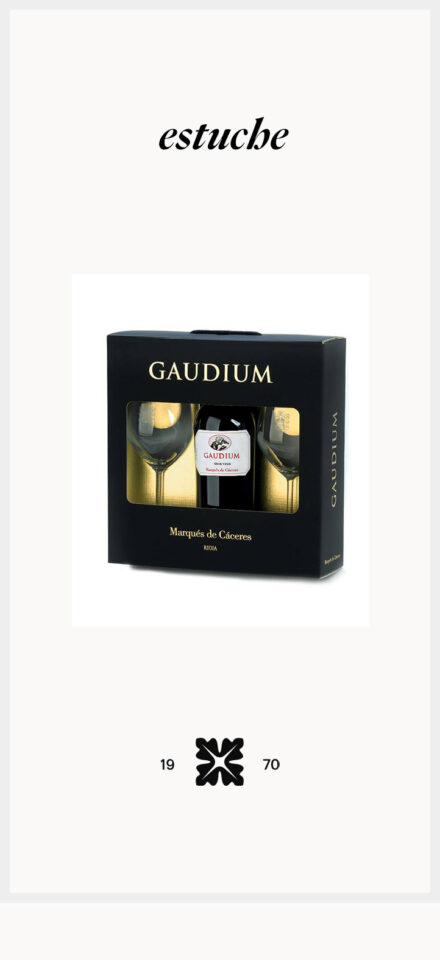 Marqués de Cáceres Gaudium, estuche de una botella y dos copas
